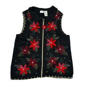 White Stag Poinsettia Sweater Vest Christmas Sweater Beading Size 16W
